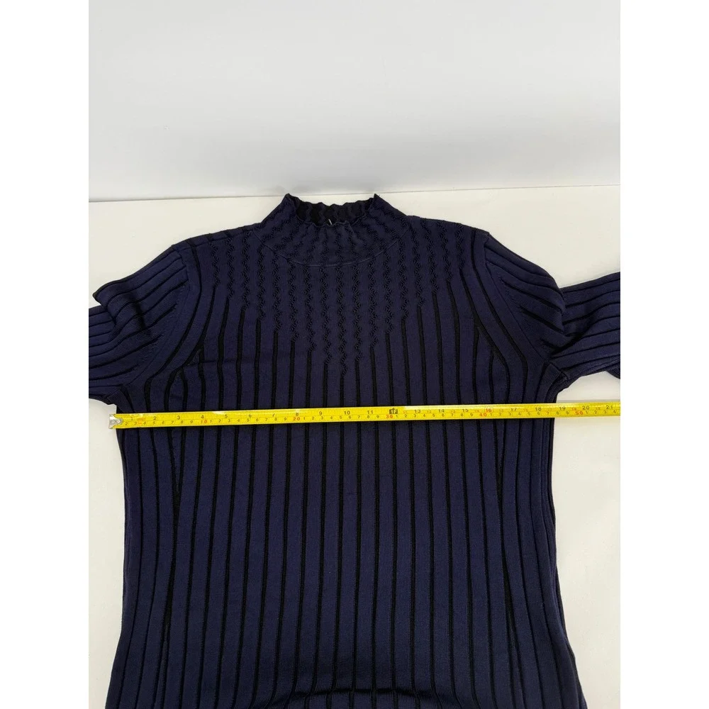 White House Black Market Navy Blue Ribbed Mock Neck Chevron Stripe Sweater Sz L